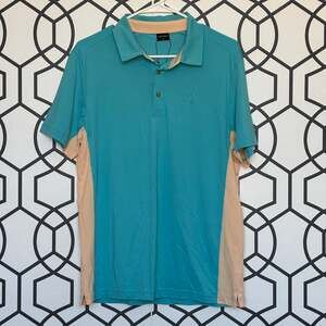 Men's medium "short par 4" aqua and wheat colored golf polo NWT